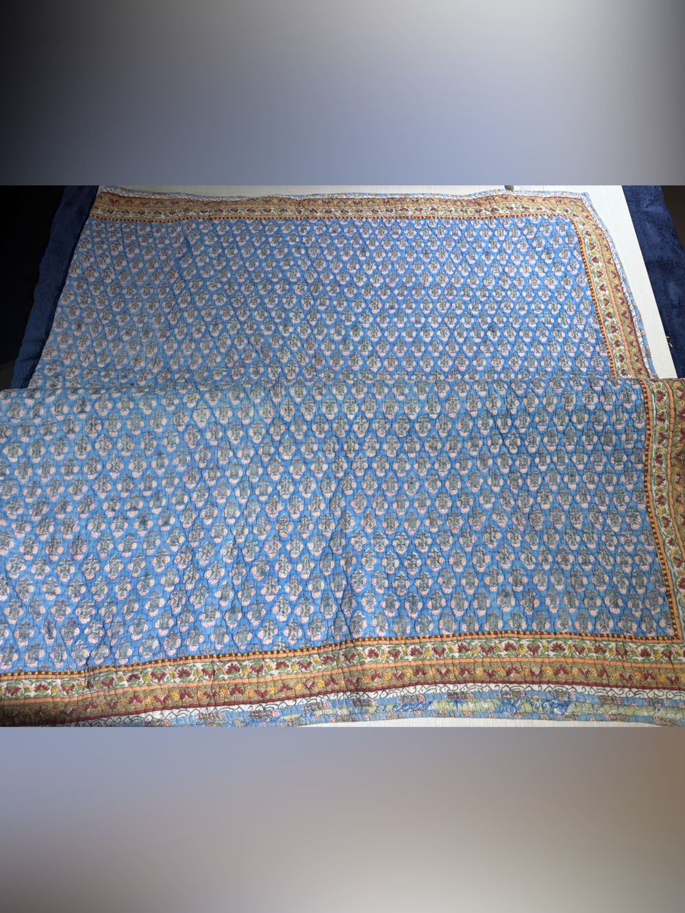 Pottery Barn Vintage Light Blue Floral Queen Quilt w/Multicolor Border